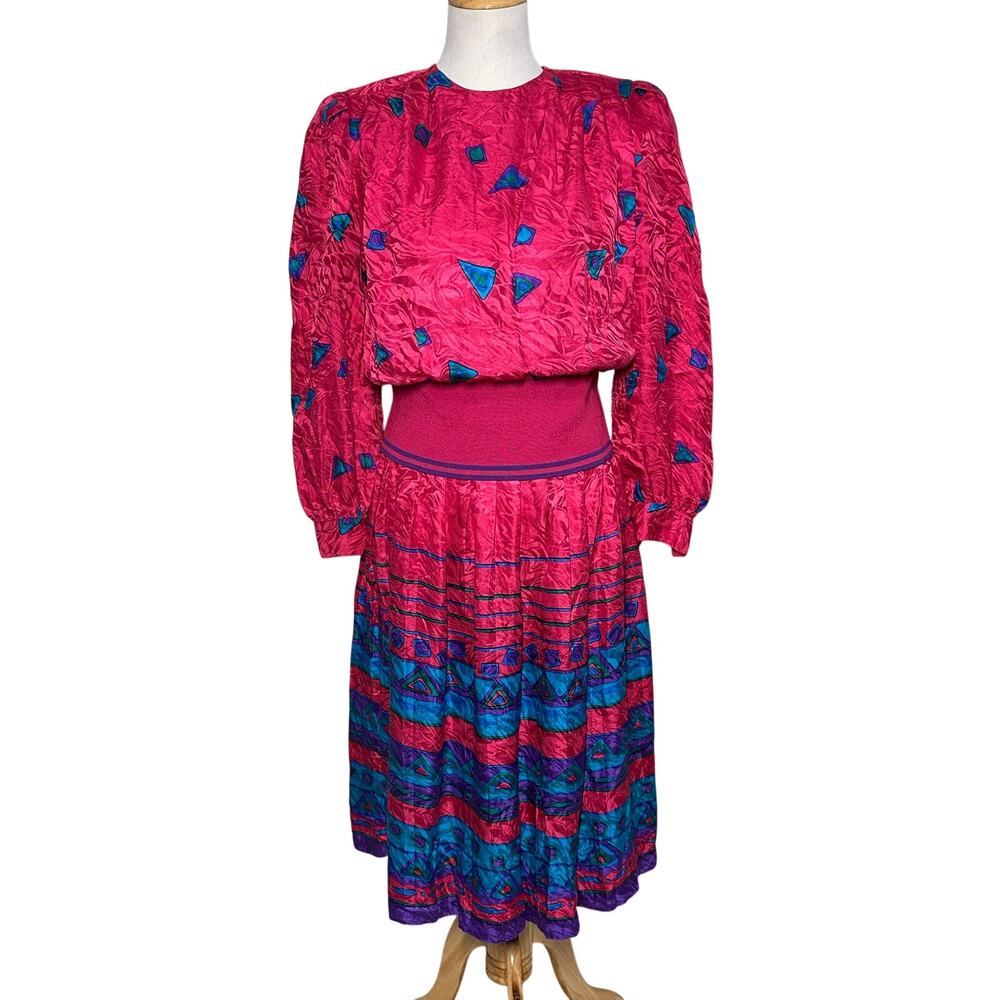 Adrianna Papell 100% Silk Vintage 80's Geometric Pleated Pink Dress Sz 8